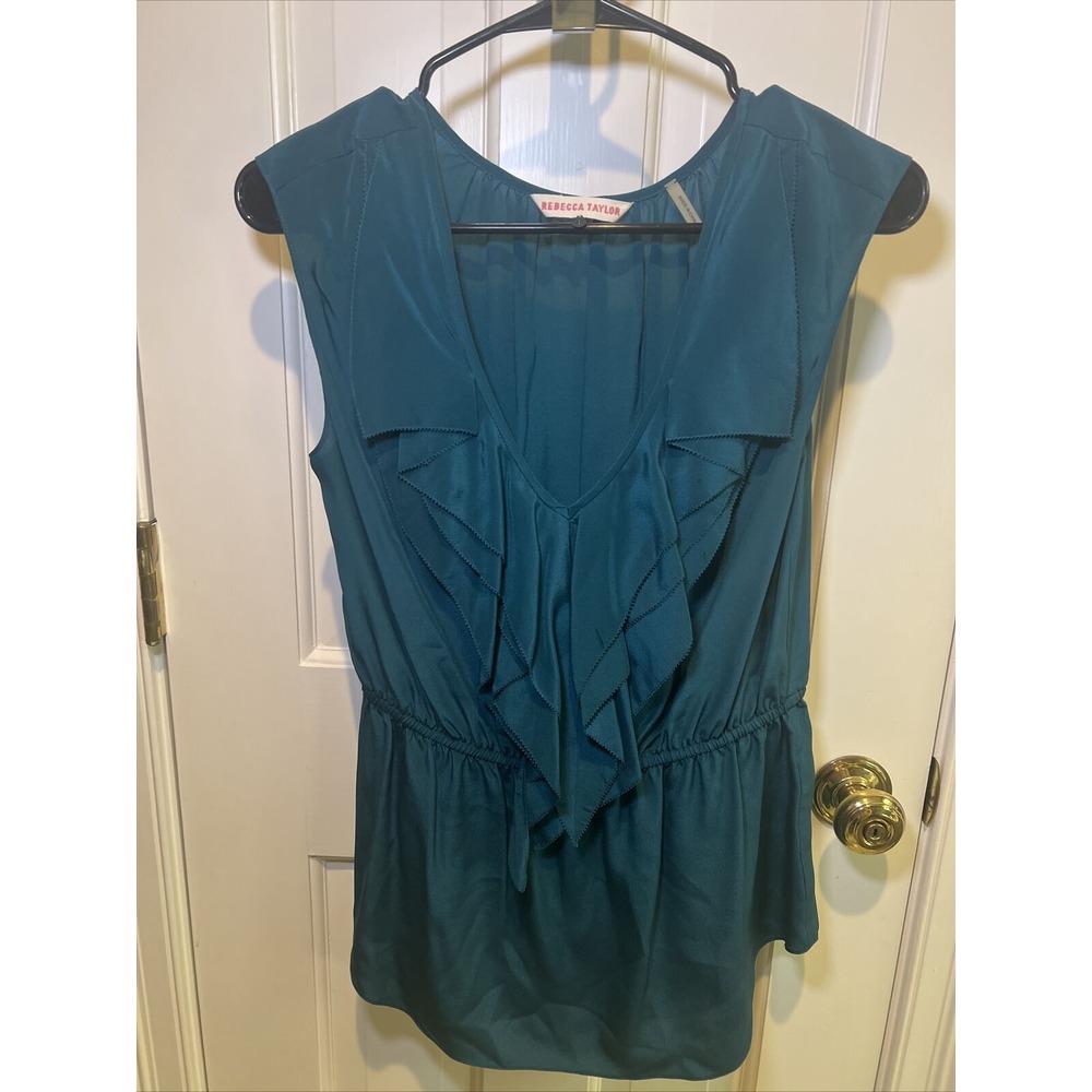 Rebecca Taylor Teal Silk Ruffled V-Neck Tank Size 6
